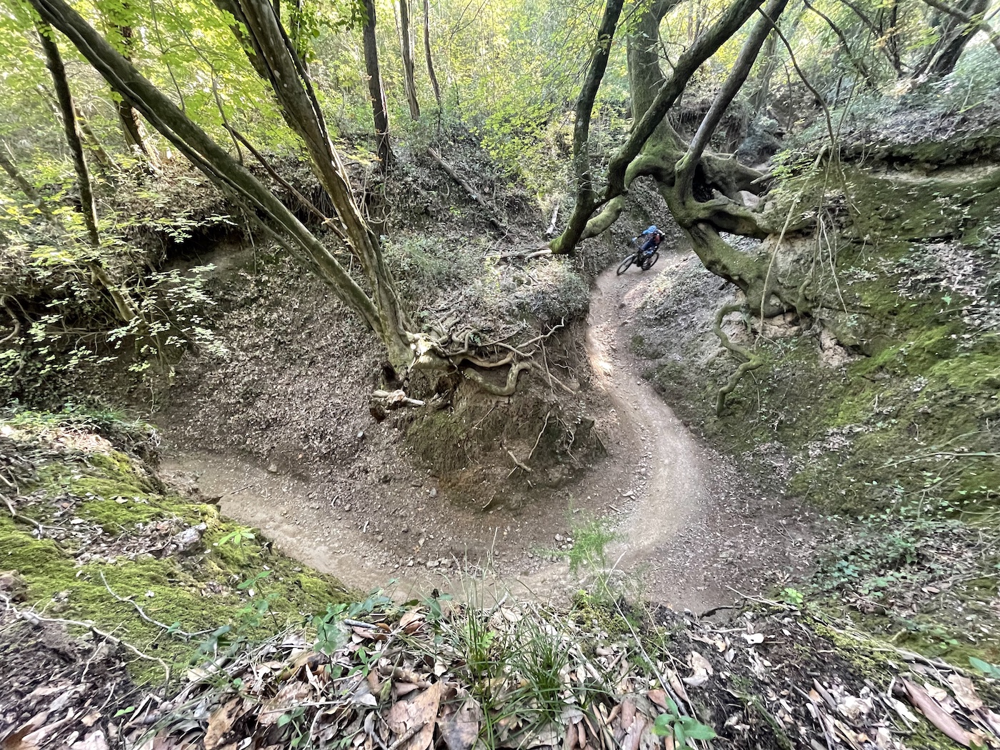 Mountainbiker im Canyon, Massa Marittima, beim beitune E-MTB-Trailcamp Toskana