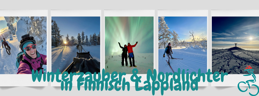 Collage mit Winterimpressionen aus Finnisch Lappland mit Langlauf, E-Fatbiken, Polarlichtern und Rentieren